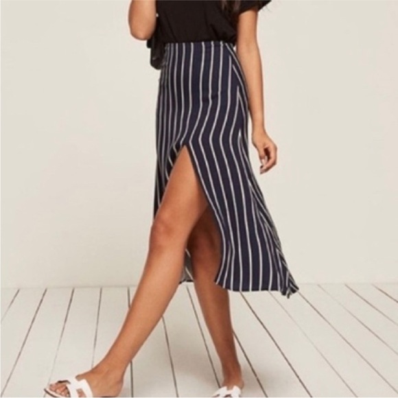 Reformation navy blue striped Midi skirt with slit, size 4 worn once - Picture 1 of 10